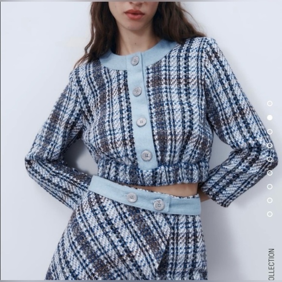 Zara Jackets & Blazers - ZARA Tweed Textured Crop Long Sleeve Denim Blue Blazer